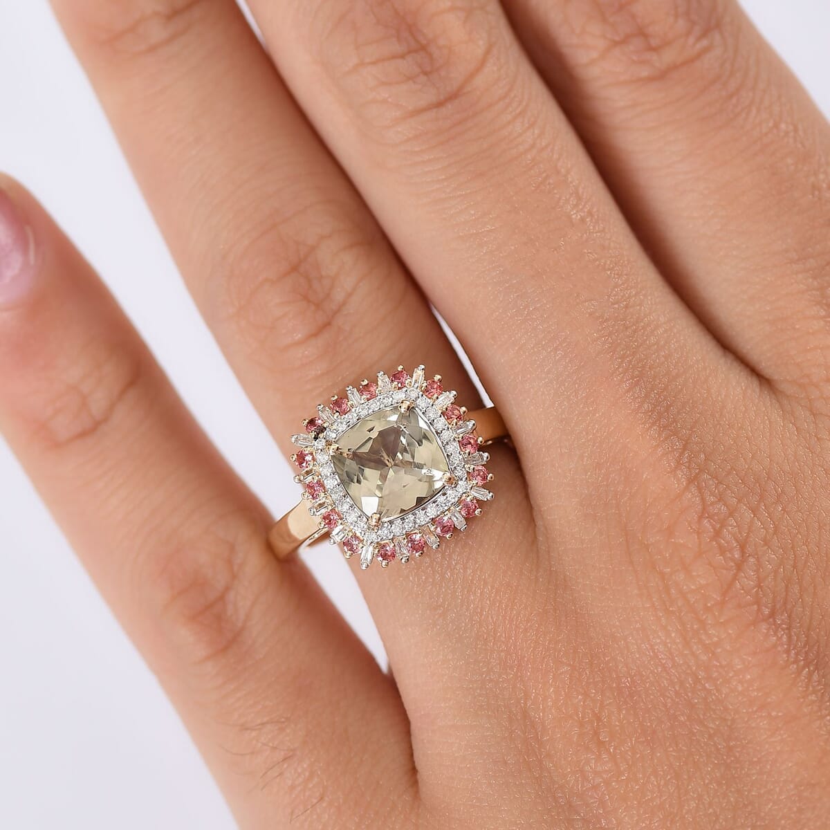 Luxoro AAA Turkizite, Padparadscha Sapphire and I2 Diamond 3.10 ctw Sunshine Ring in 10K Yellow Gold (Size 9.0) image number 2