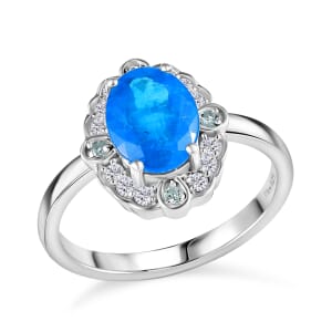D'Joy Malgache Neon Apatite and Multi Gemstone 2.50 ctw Caribbean Spark Ring in Rhodium Over Sterling Silver (Size 7.0)