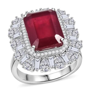 D'Joy Premium Niassa Ruby (FF) and Moissanite 14.40 ctw Firecracker Ring in Rhodium Over Sterling Silver (Size 10.0)