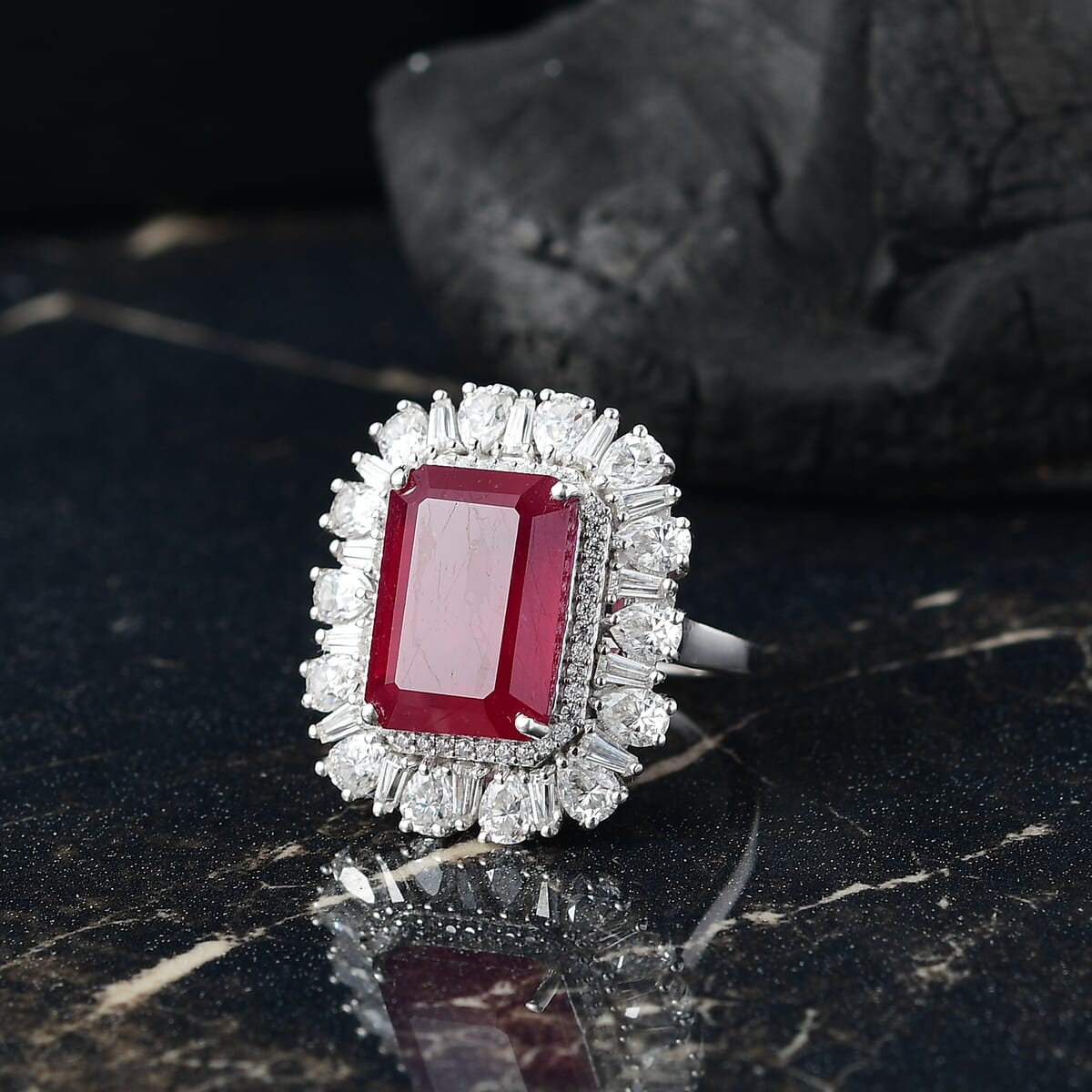 D'Joy Premium Niassa Ruby (FF) and Moissanite 14.40 ctw Firecracker Ring in Rhodium Over Sterling Silver (Size 10.0) image number 1