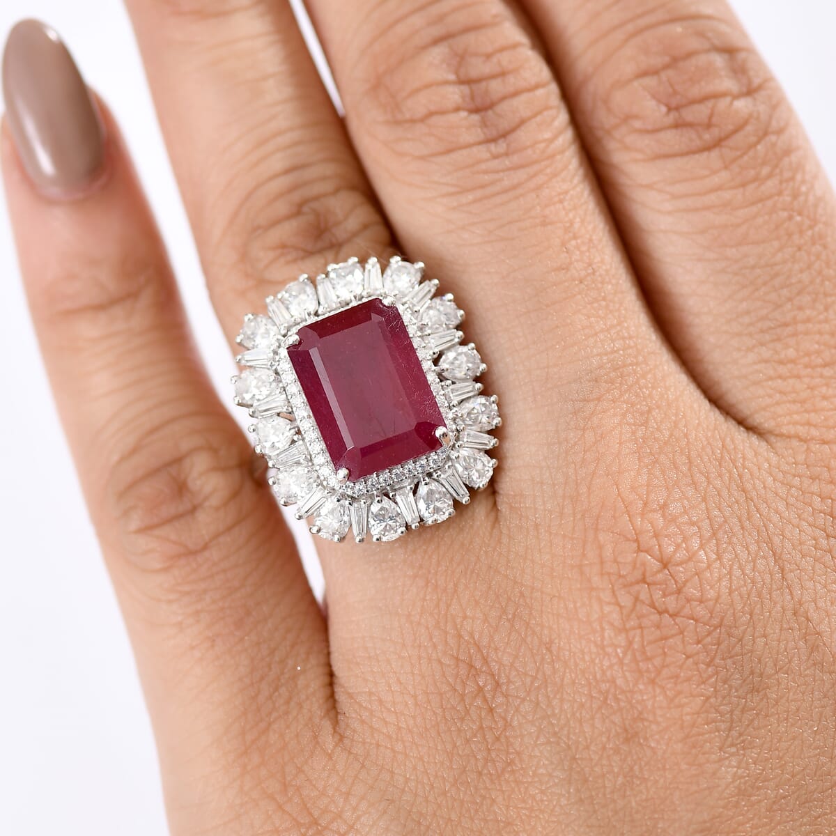D'Joy Premium Niassa Ruby (FF) and Moissanite 14.40 ctw Firecracker Ring in Rhodium Over Sterling Silver (Size 10.0) image number 2