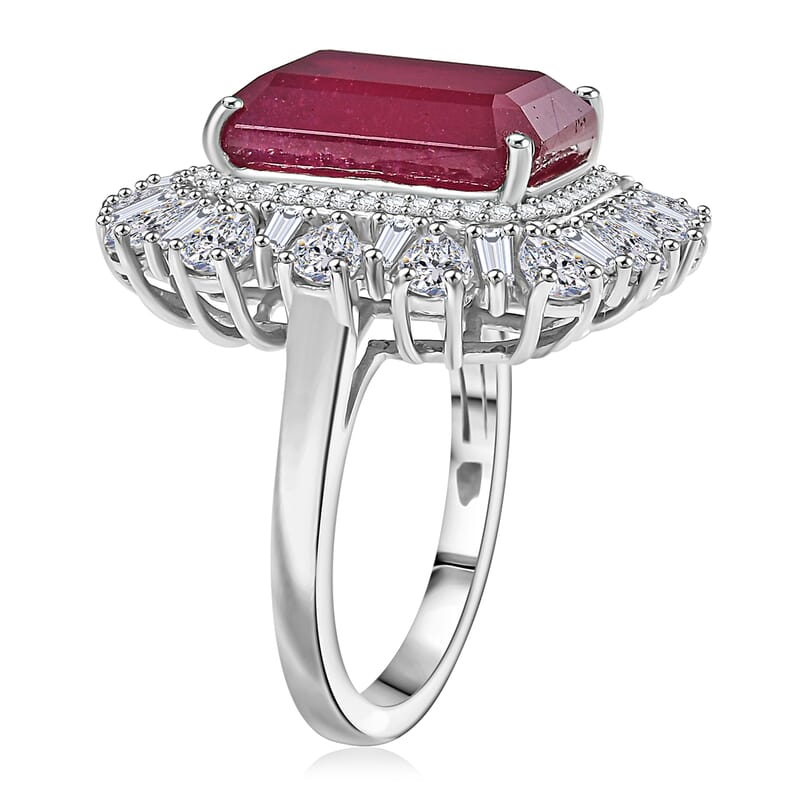 D'Joy Premium Niassa Ruby (FF) and Moissanite 14.40 ctw Firecracker Ring in Rhodium Over Sterling Silver (Size 10.0)