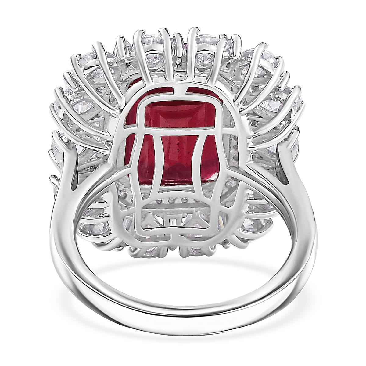 D'Joy Premium Niassa Ruby (FF) and Moissanite 14.40 ctw Firecracker Ring in Rhodium Over Sterling Silver (Size 10.0)