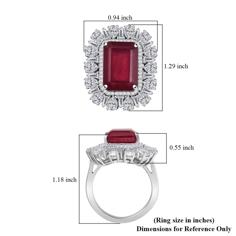 D'Joy Premium Niassa Ruby (FF) and Moissanite 14.40 ctw Firecracker Ring in Rhodium Over Sterling Silver (Size 10.0)