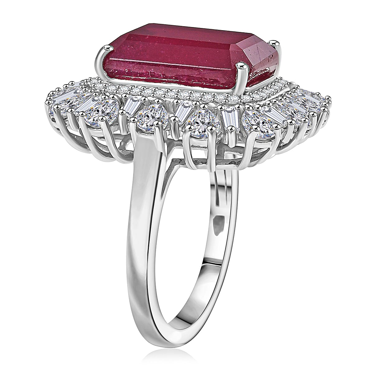 D'Joy Premium Niassa Ruby (FF) and Moissanite 14.40 ctw Firecracker Ring in Rhodium Over Sterling Silver (Size 6.0) image number 3