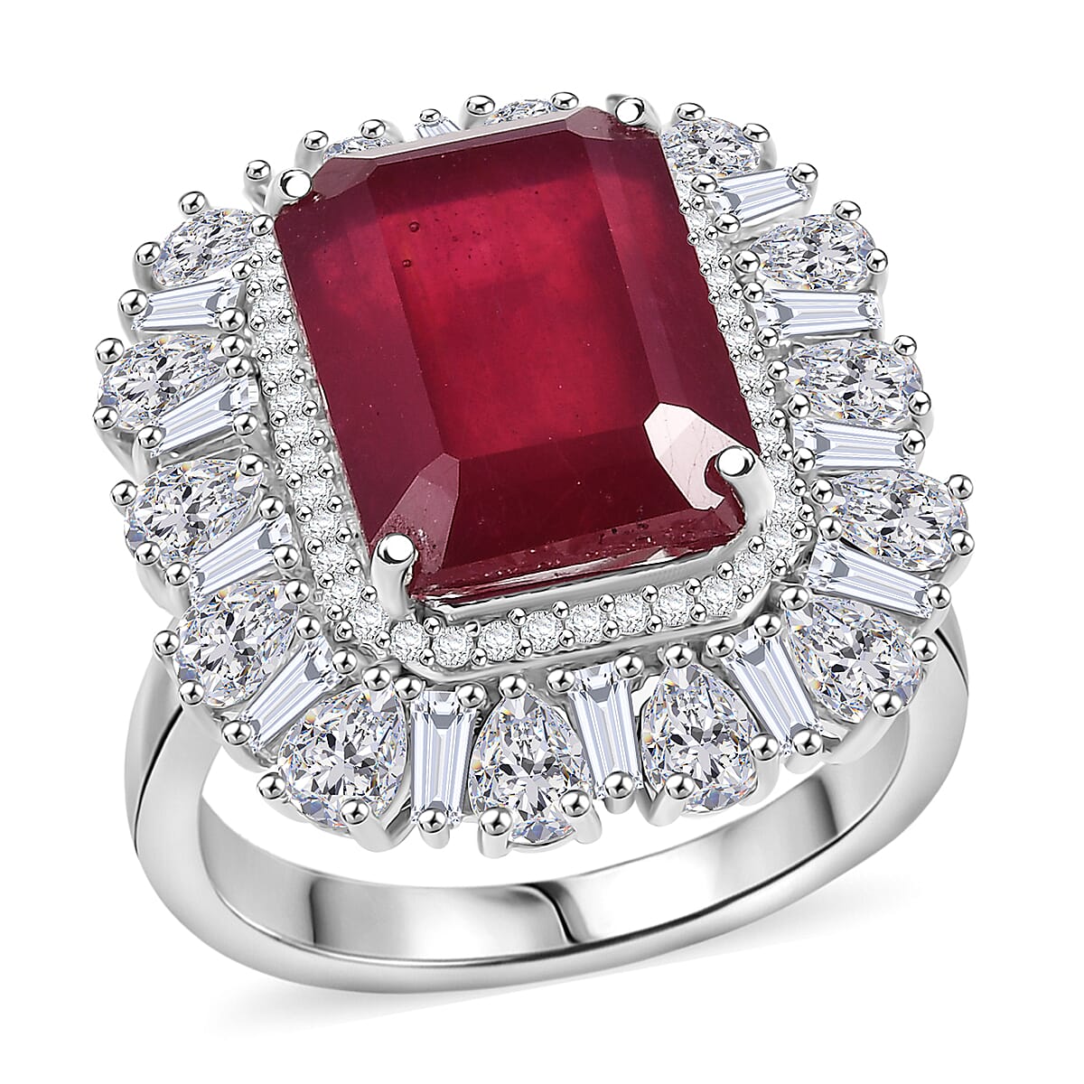 D'Joy Premium Niassa Ruby (FF) and Moissanite 14.40 ctw Firecracker Ring in Rhodium Over Sterling Silver (Size 9.0) image number 0