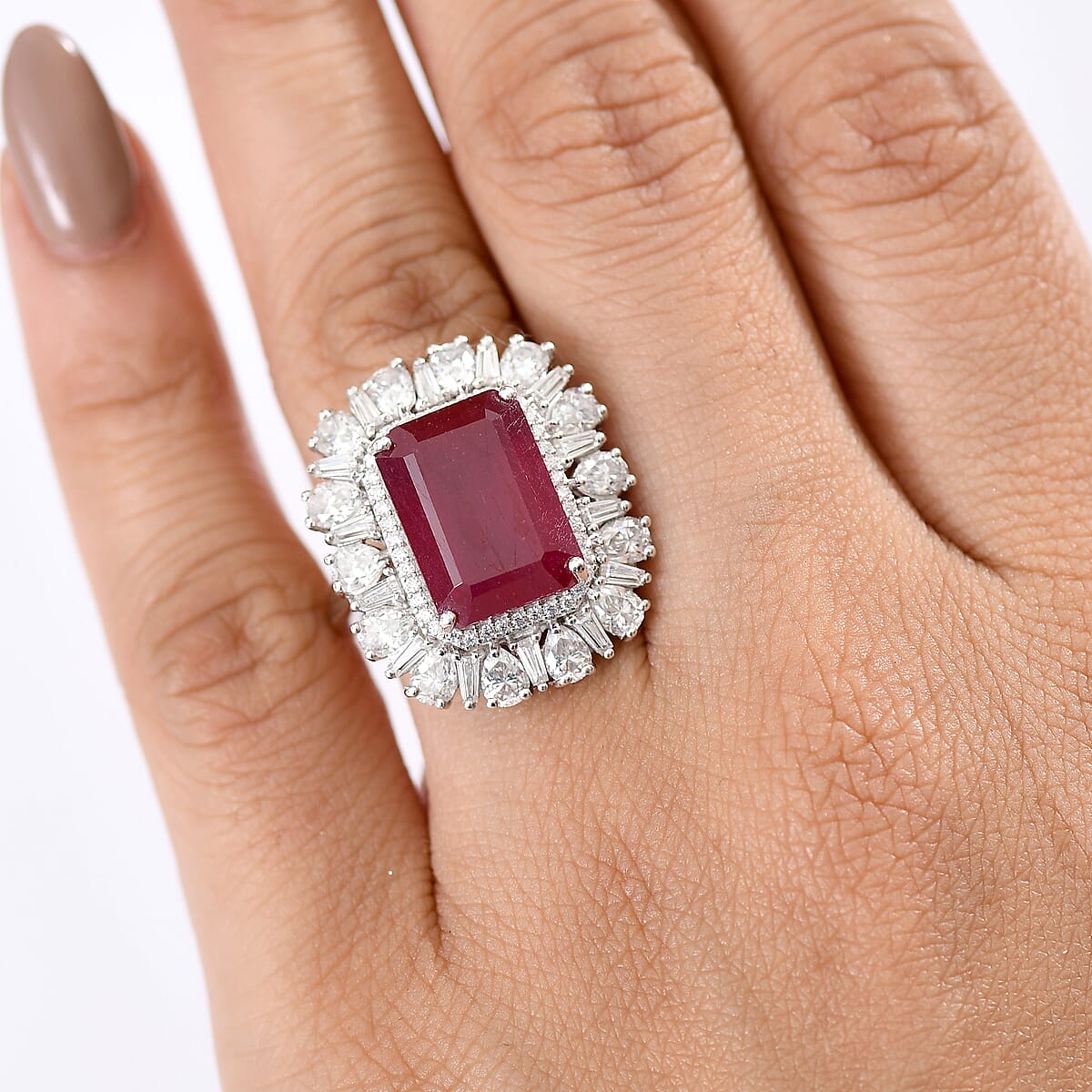 D'Joy Premium Niassa Ruby (FF) and Moissanite 14.40 ctw Firecracker Ring in Rhodium Over Sterling Silver (Size 9.0) image number 2
