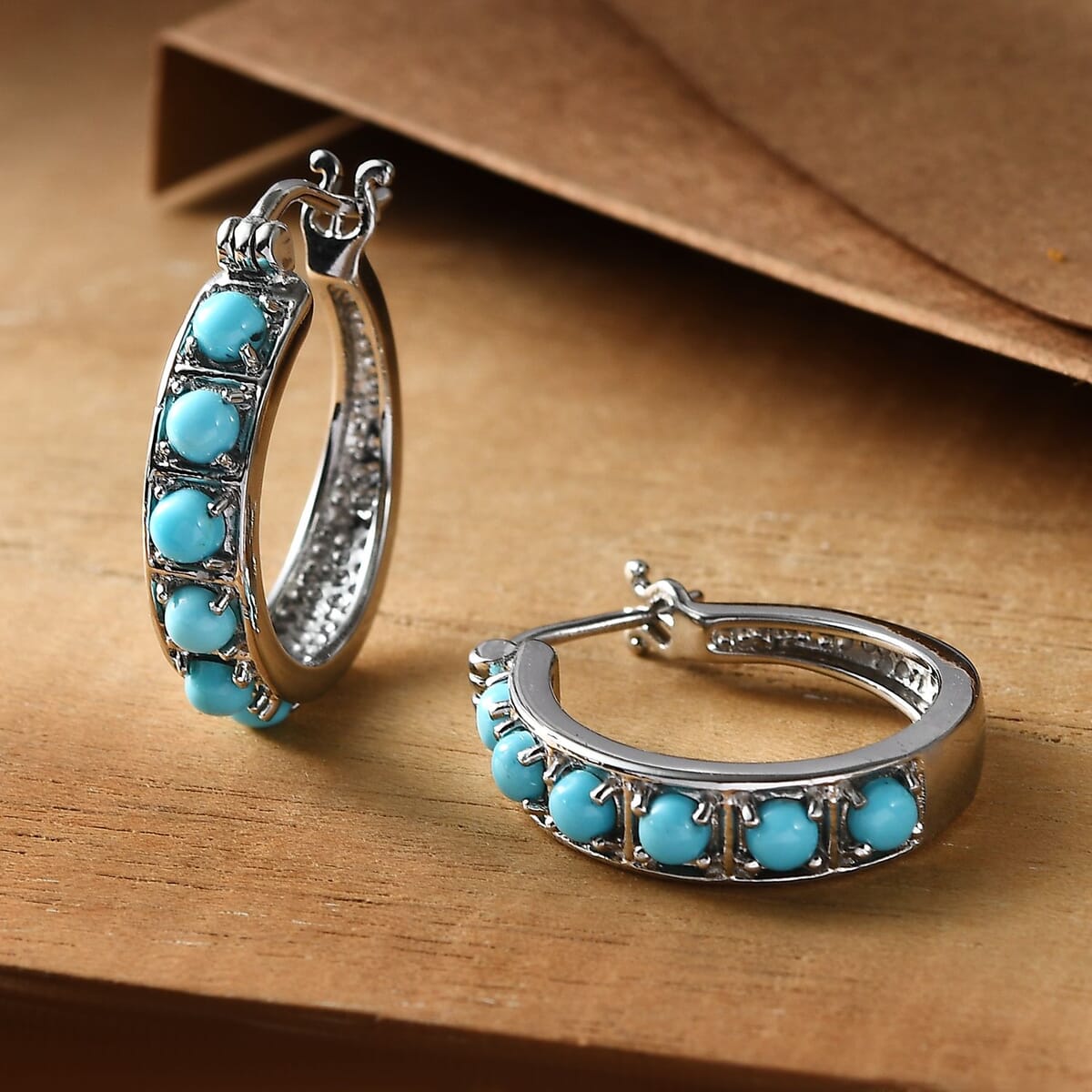 Ever True Sleeping Beauty Turquoise 1.40 ctw Hoop Earrings in Stainless Steel  image number 1