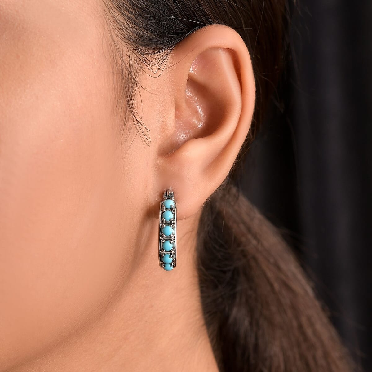 Ever True Sleeping Beauty Turquoise 1.40 ctw Hoop Earrings in Stainless Steel  image number 2