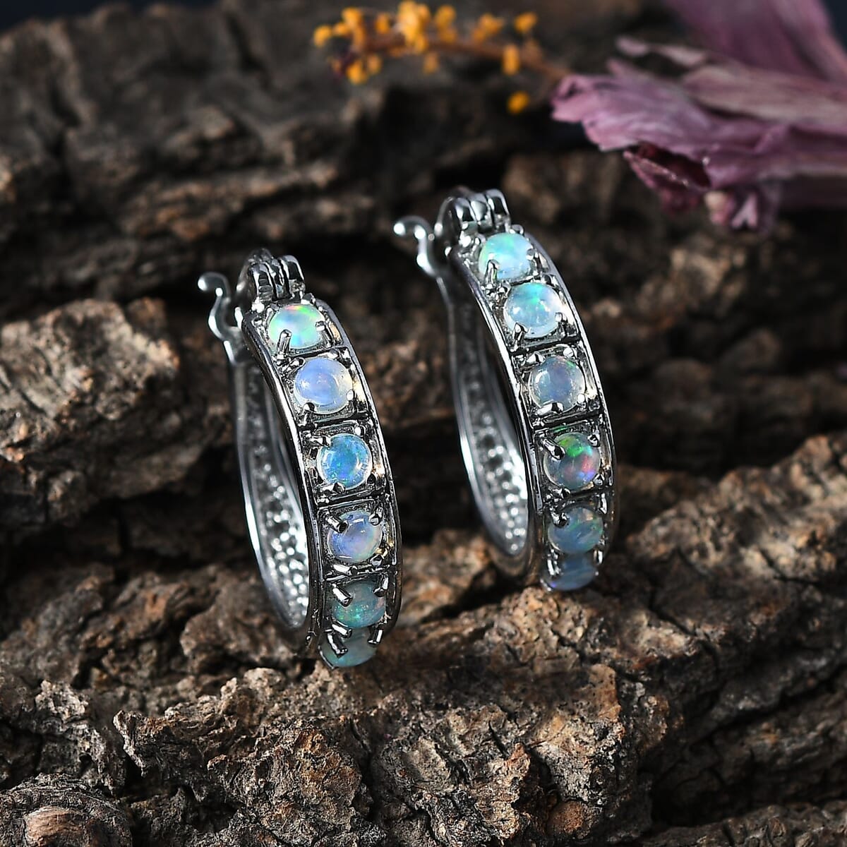 Ethiopian Welo Opal 1.00 ctw Hoop Earrings in Stainless Steel  image number 1