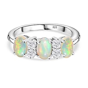 Ethiopian Welo Opal and White Zircon 1.29 ctw Ring in Platinum Over Sterling Silver (Size 11.5)