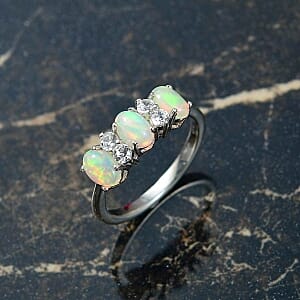 Ethiopian Welo Opal and White Zircon 1.29 ctw Ring in Platinum Over Sterling Silver (Size 11.5)
