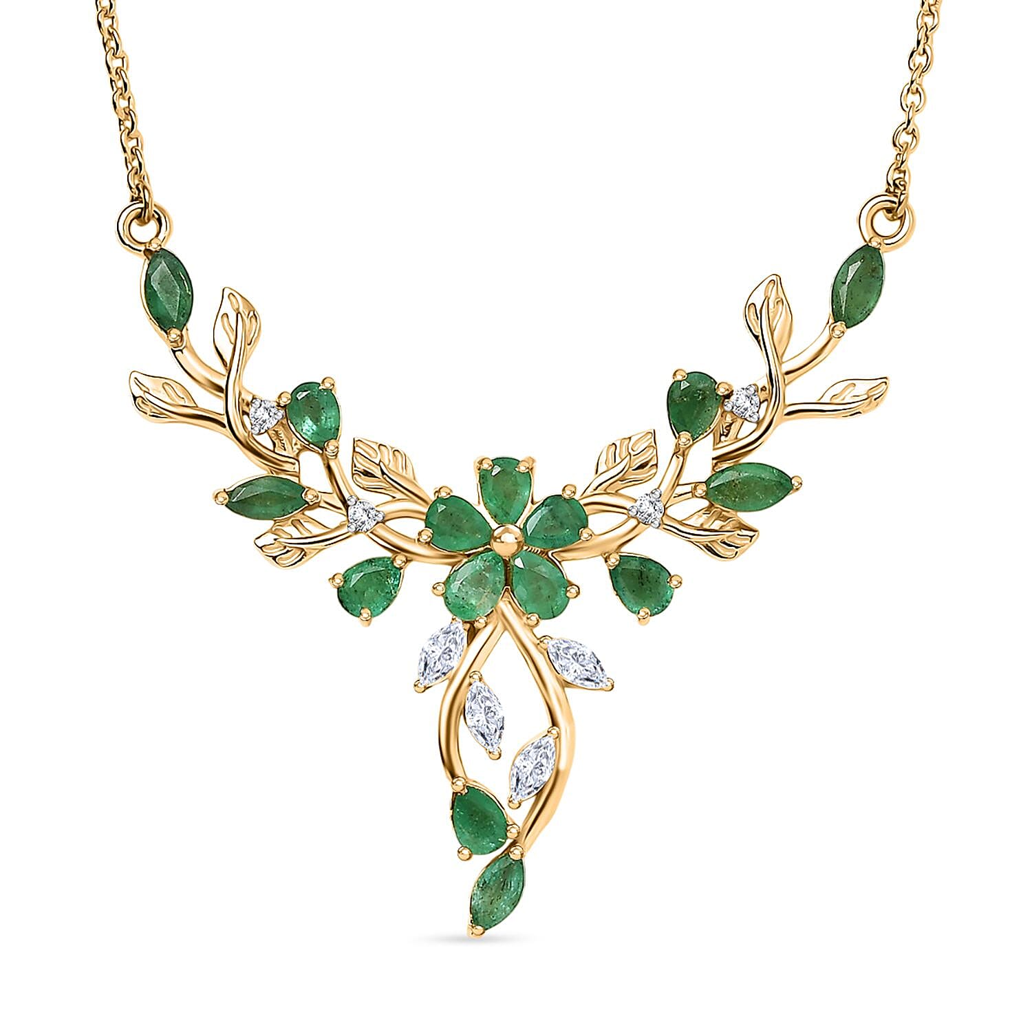 Kagem Zambian Emerald and Moissanite 2.46 ctw Cluster Necklace in 18K Vermeil Yellow Gold Over Sterling Silver 18 Inches (5.86 g)