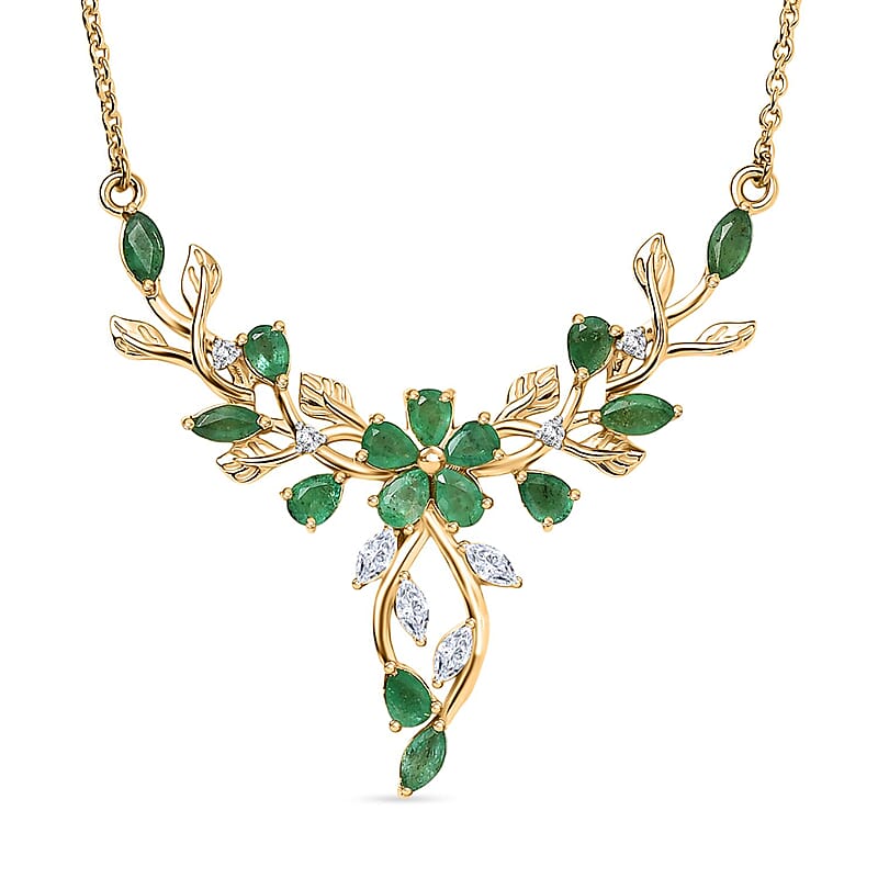 Kagem Zambian Emerald and Moissanite 2.46 ctw Cluster Necklace in 18K Vermeil Yellow Gold Over Sterling Silver 18 Inches (5.86 g)
