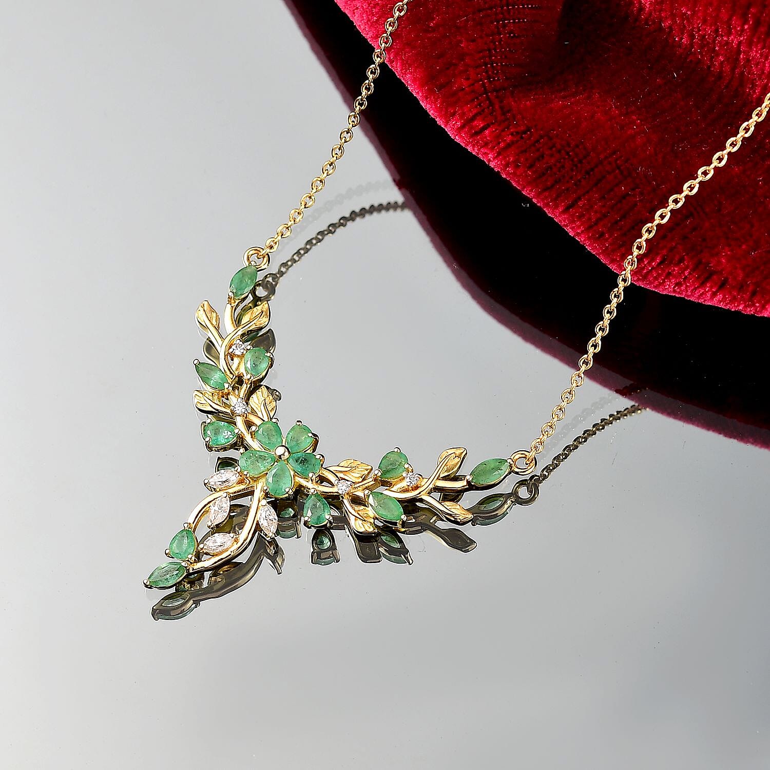 Kagem Zambian Emerald and Moissanite 2.46 ctw Cluster Necklace in 18K Vermeil Yellow Gold Over Sterling Silver 18 Inches (5.86 g)
