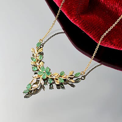 Kagem Zambian Emerald and Moissanite 2.46 ctw Cluster Necklace in 18K Vermeil Yellow Gold Over Sterling Silver 18 Inches (5.86 g)