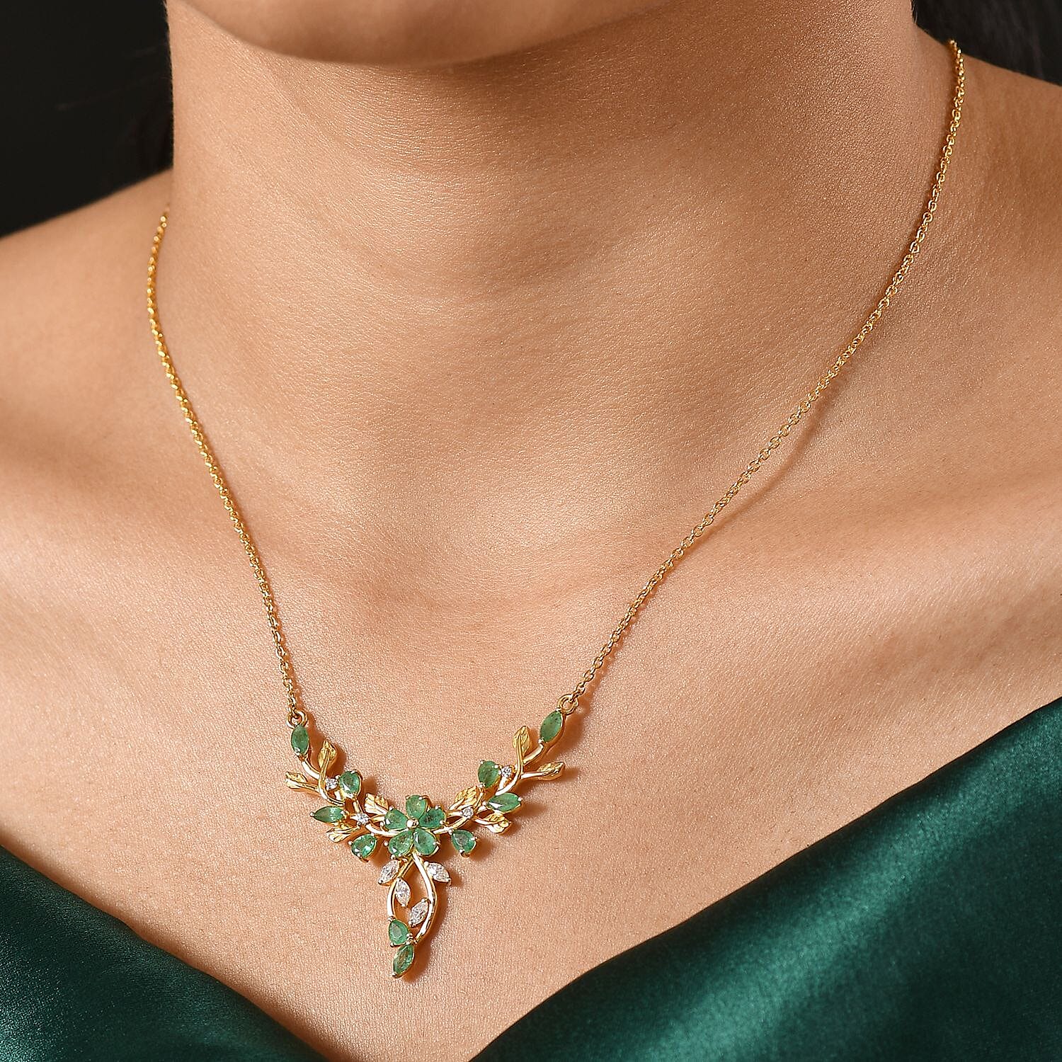 Kagem Zambian Emerald and Moissanite 2.46 ctw Cluster Necklace in 18K Vermeil Yellow Gold Over Sterling Silver 18 Inches (5.86 g)
