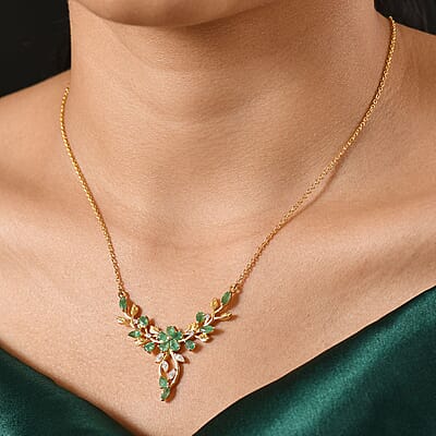 Kagem Zambian Emerald and Moissanite 2.46 ctw Cluster Necklace in 18K Vermeil Yellow Gold Over Sterling Silver 18 Inches (5.86 g)