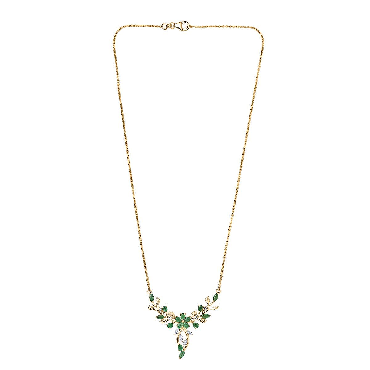 Kagem Zambian Emerald and Moissanite 2.46 ctw Cluster Necklace in 18K Vermeil Yellow Gold Over Sterling Silver 18 Inches (5.86 g)