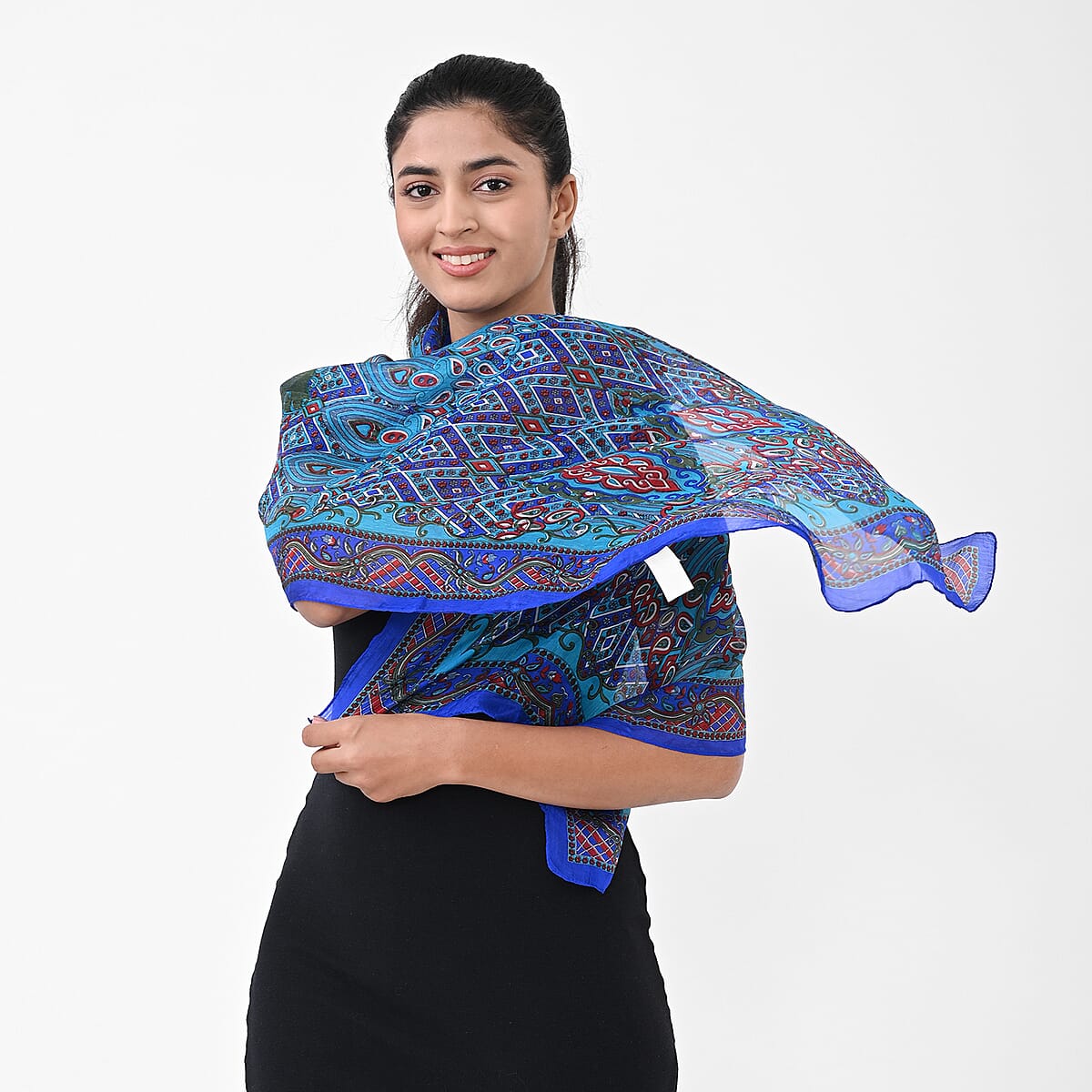 Buy Blue Silk Printed Scarf at ShopLC display picture 2