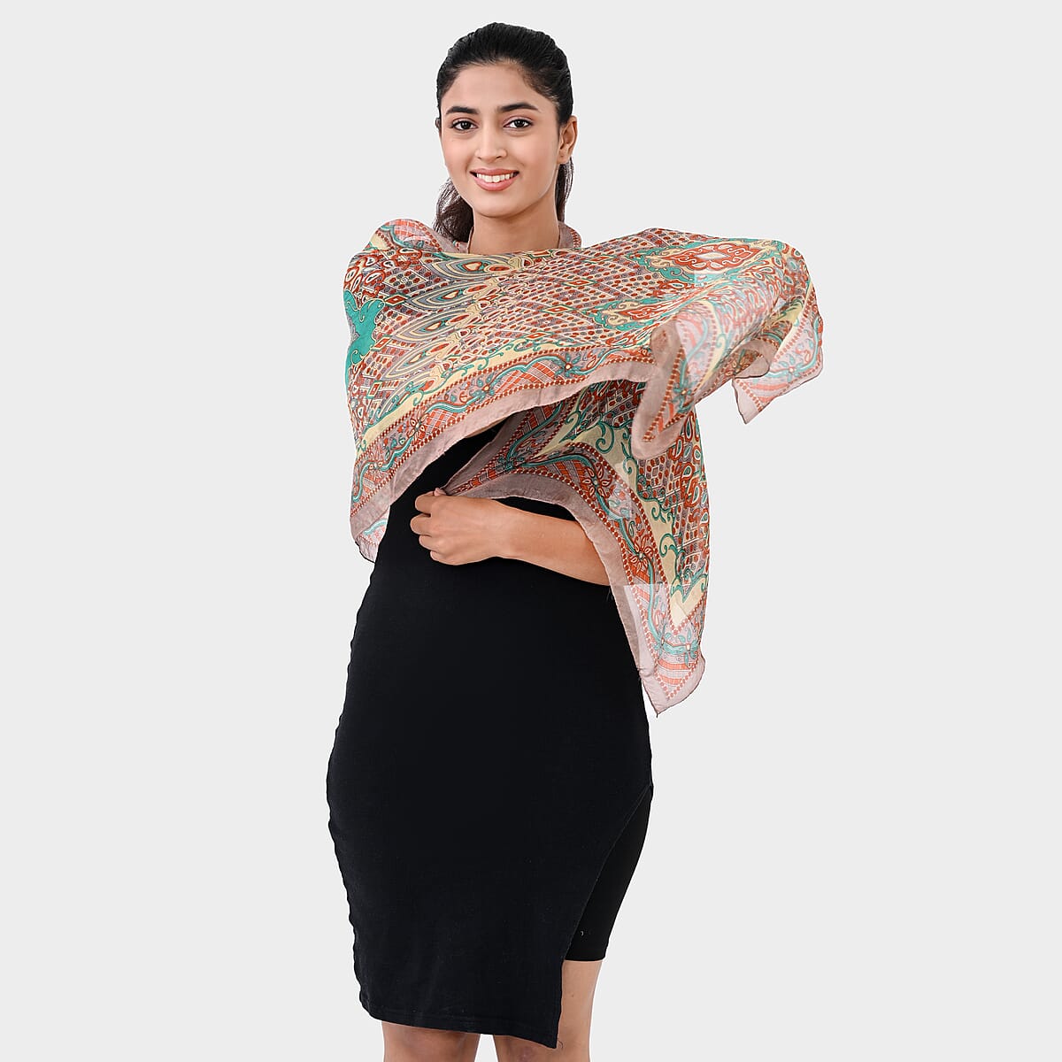 Beige Silk Printed Scarf image number 1