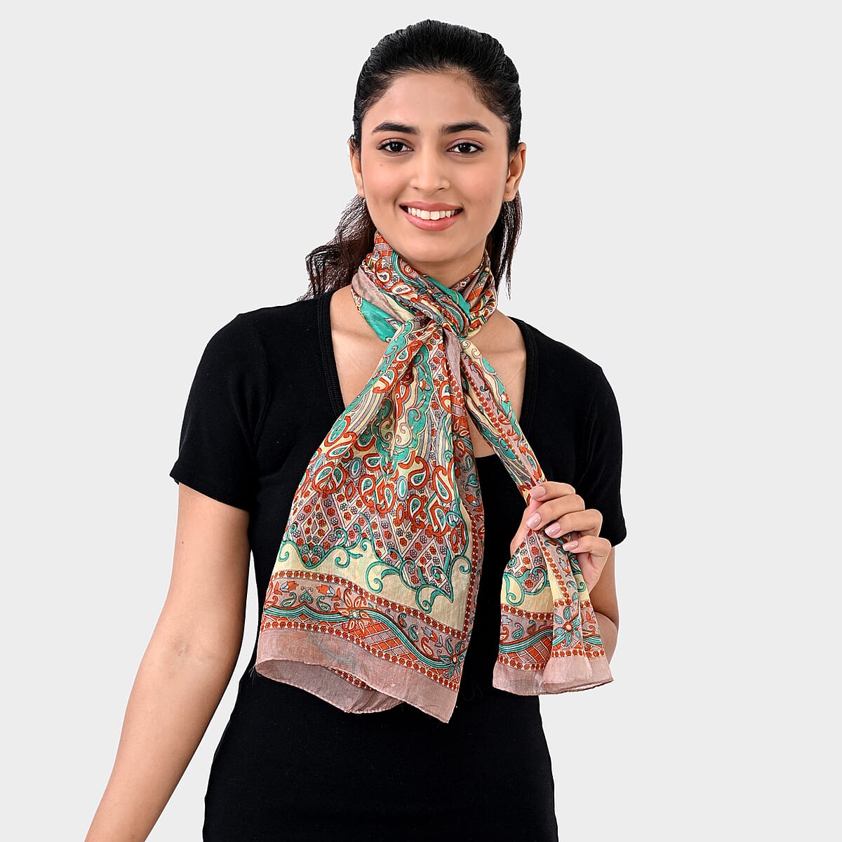 Beige Silk Printed Scarf image number 2
