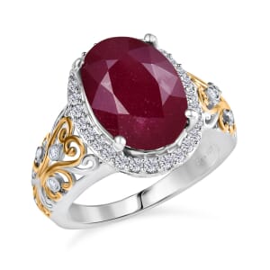 Niassa Ruby (FF) and Moissanite 9.90 ctw Ring in 18K Vermeil YG and Rhodium Over Sterling Silver (Size 6.0)