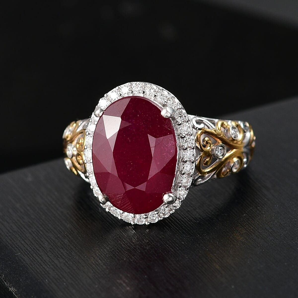 Niassa Ruby (FF) and Moissanite 9.90 ctw Ring in 18K Vermeil YG and Rhodium Over Sterling Silver (Size 6.0) image number 1