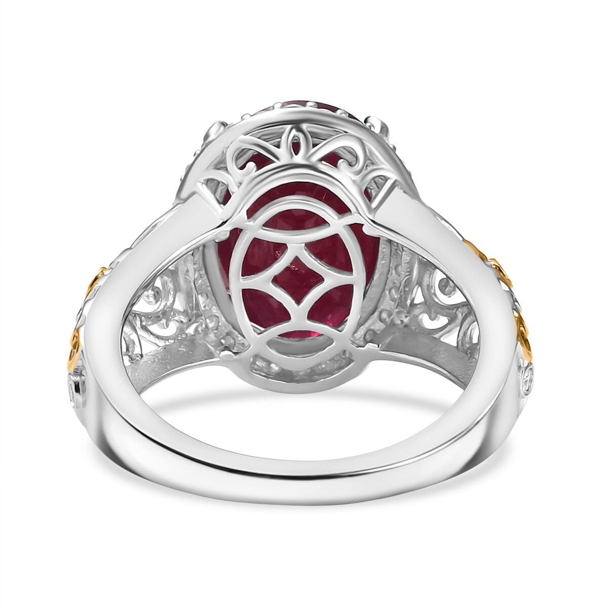 Niassa Ruby (FF) and Moissanite 9.90 ctw Ring in 18K Vermeil YG and Rhodium Over Sterling Silver (Size 6.0) image number 4
