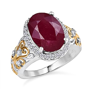 D'Joy Premium Niassa Ruby (FF) and Moissanite 9.90 ctw Empress Crest Ring in 18K Vermeil YG and Rhodium Over Sterling Silver (Size 7.0)