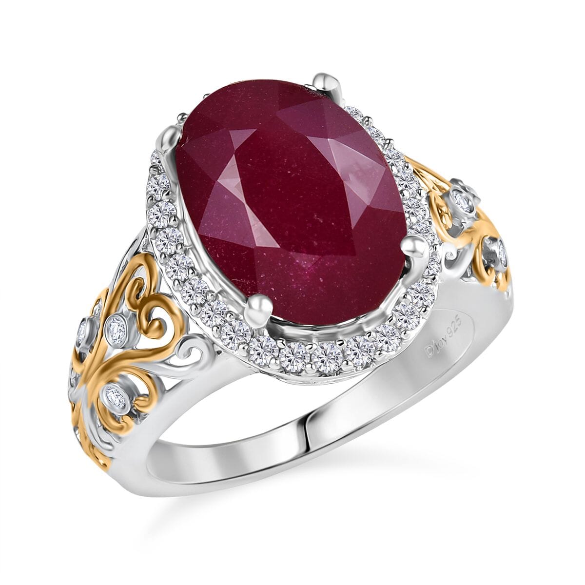 Niassa Ruby (FF) and Moissanite 9.90 ctw Ring in 18K Vermeil YG and Rhodium Over Sterling Silver (Size 8.0) image number 0