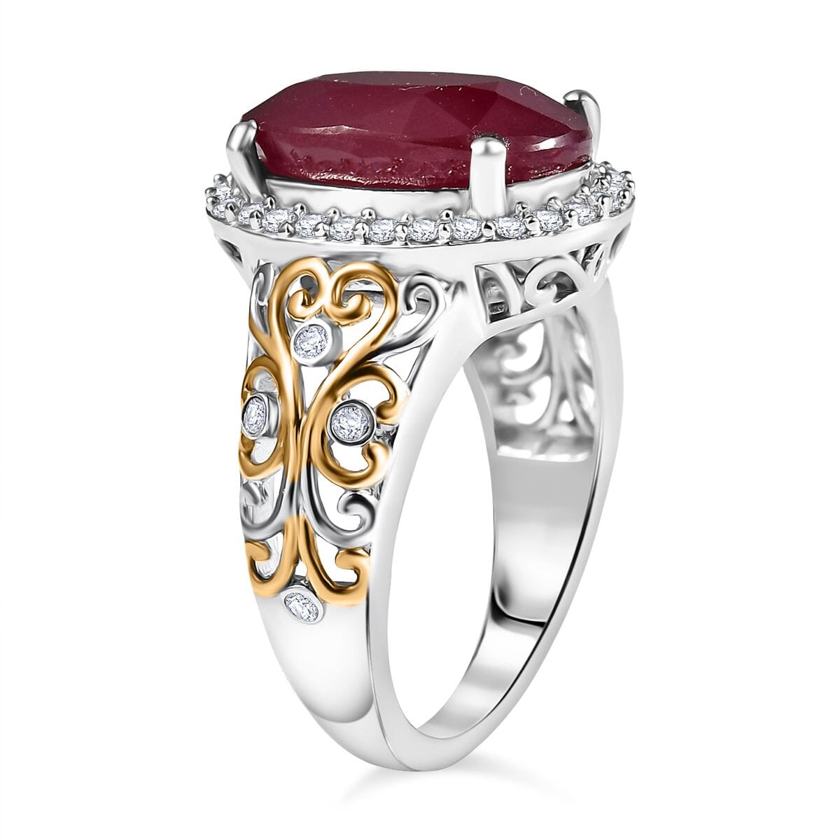 Niassa Ruby (FF) and Moissanite 9.90 ctw Ring in 18K Vermeil YG and Rhodium Over Sterling Silver (Size 8.0) image number 3