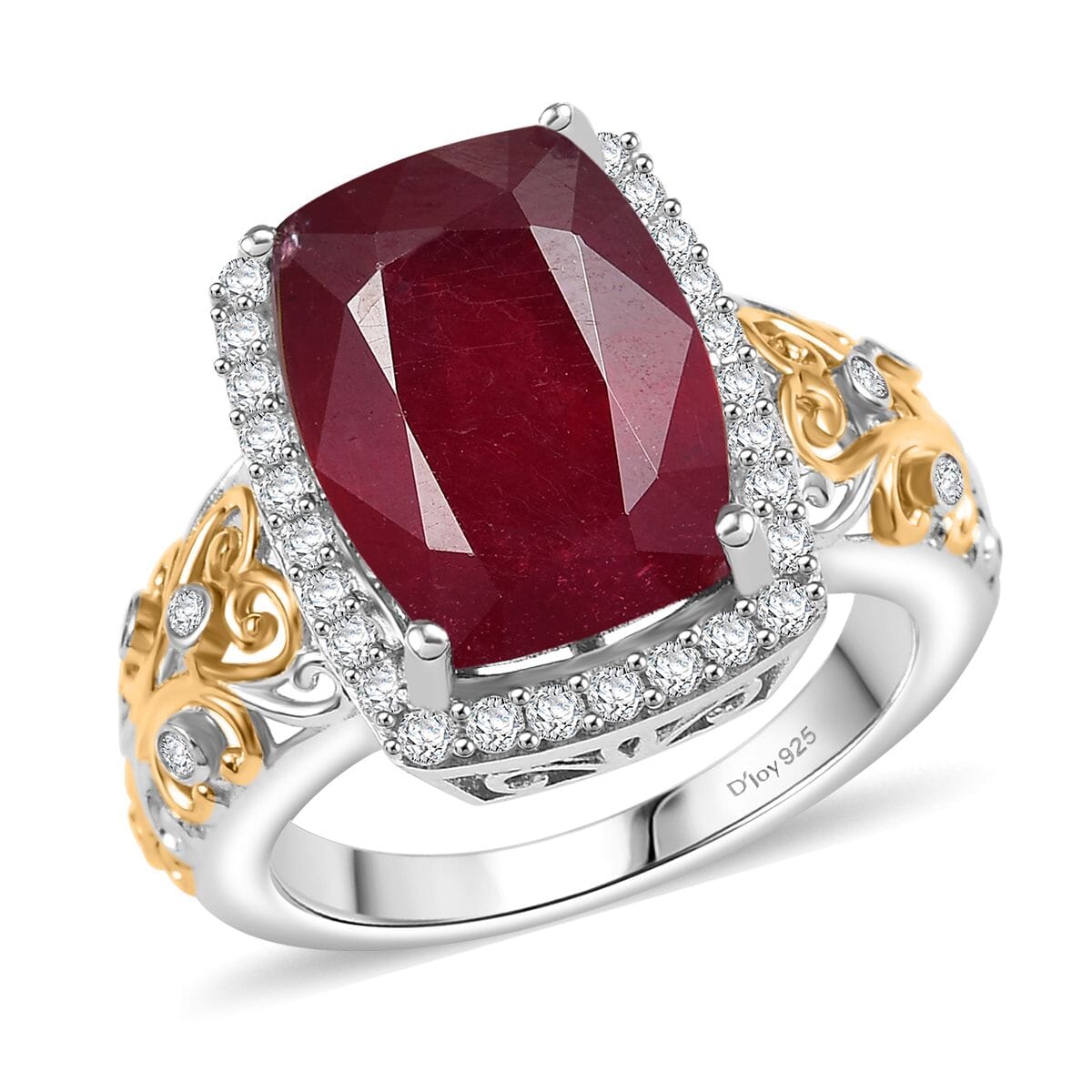 Niassa Ruby (FF) and Moissanite 11.15 ctw Ring in 18K Vermeil YG and Rhodium Over Sterling Silver (Size 10.0) image number 0