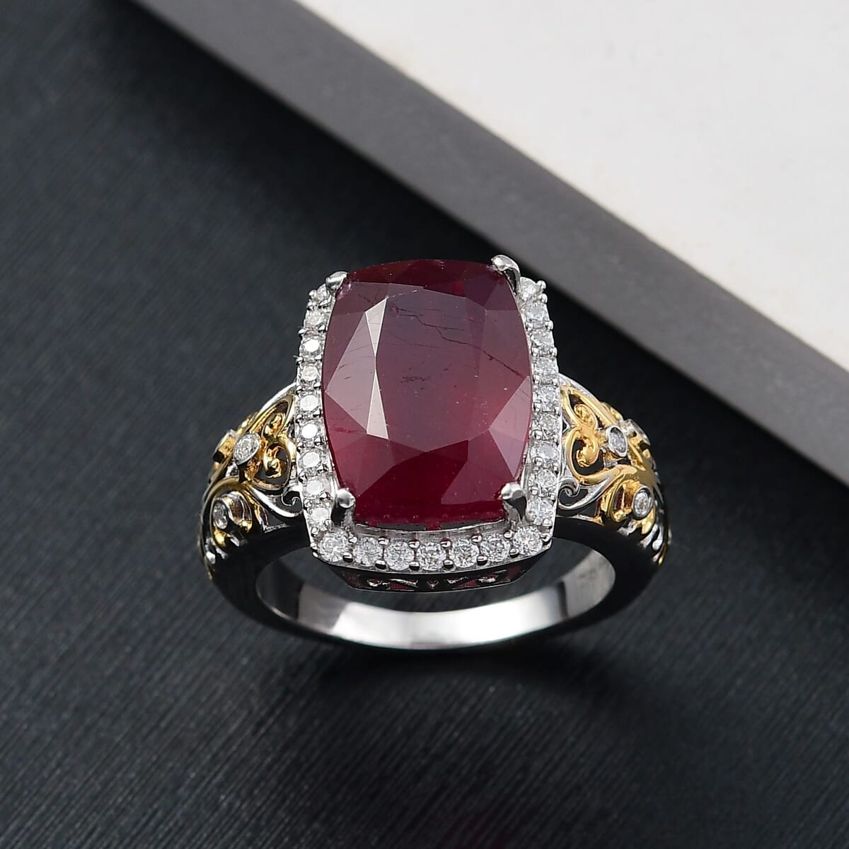 Niassa Ruby (FF) and Moissanite 11.15 ctw Ring in 18K Vermeil YG and Rhodium Over Sterling Silver (Size 10.0) image number 1