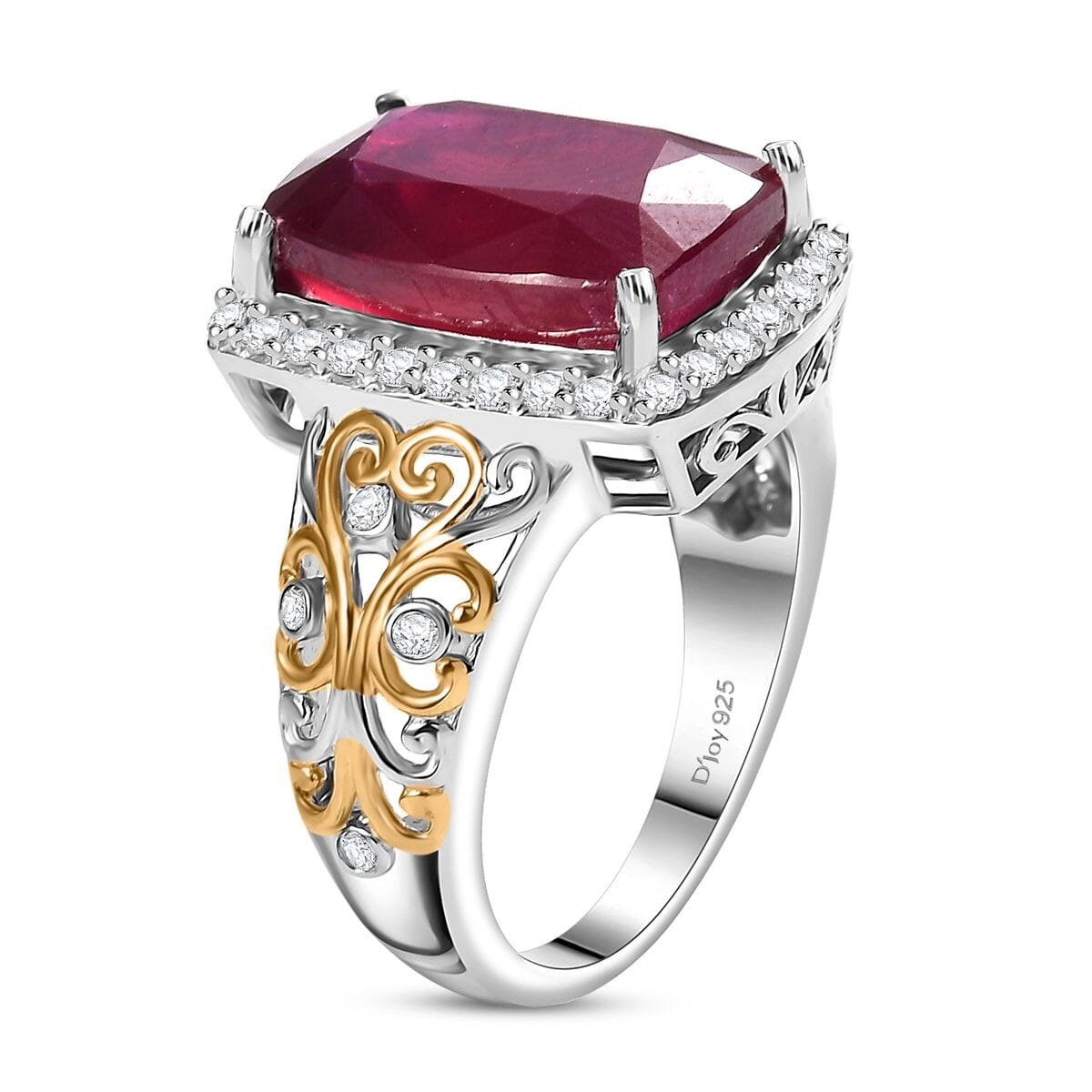 Niassa Ruby (FF) and Moissanite 11.15 ctw Ring in 18K Vermeil YG and Rhodium Over Sterling Silver (Size 10.0) image number 3
