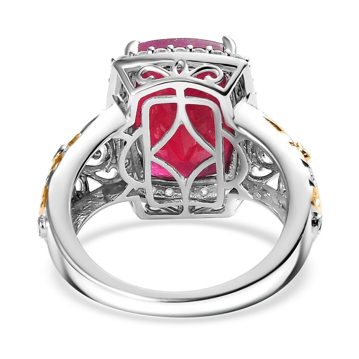 Niassa Ruby (FF) and Moissanite 11.15 ctw Ring in 18K Vermeil YG and Rhodium Over Sterling Silver (Size 10.0) image number 4