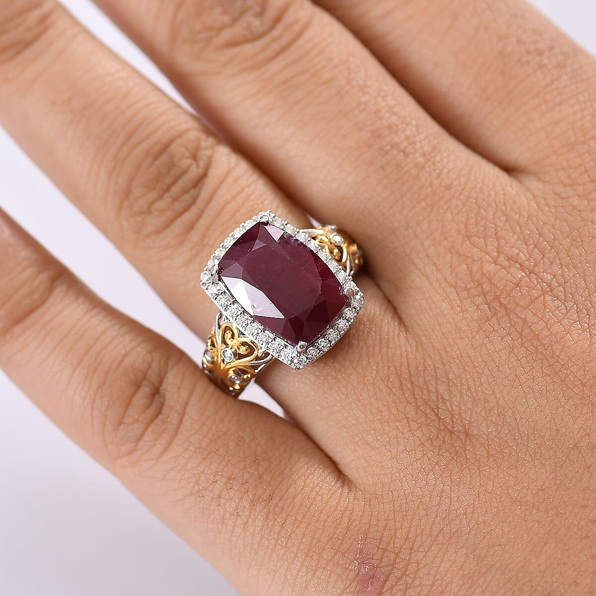 D'Joy Premium Niassa Ruby (FF) and Moissanite 11.15 ctw Empress Crest Ring in 18K Vermeil YG and Rhodium Over Sterling Silver (Size 8.0) image number 2