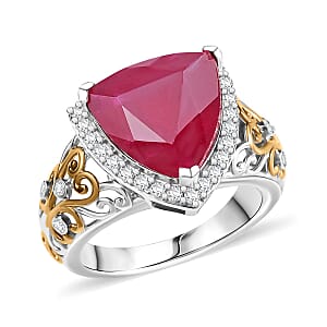 D'Joy Premium Niassa Ruby (FF) and Moissanite 9.15 ctw Empress Crest Ring in 18K Vermeil YG and Rhodium Over Sterling Silver (Size 6.0)