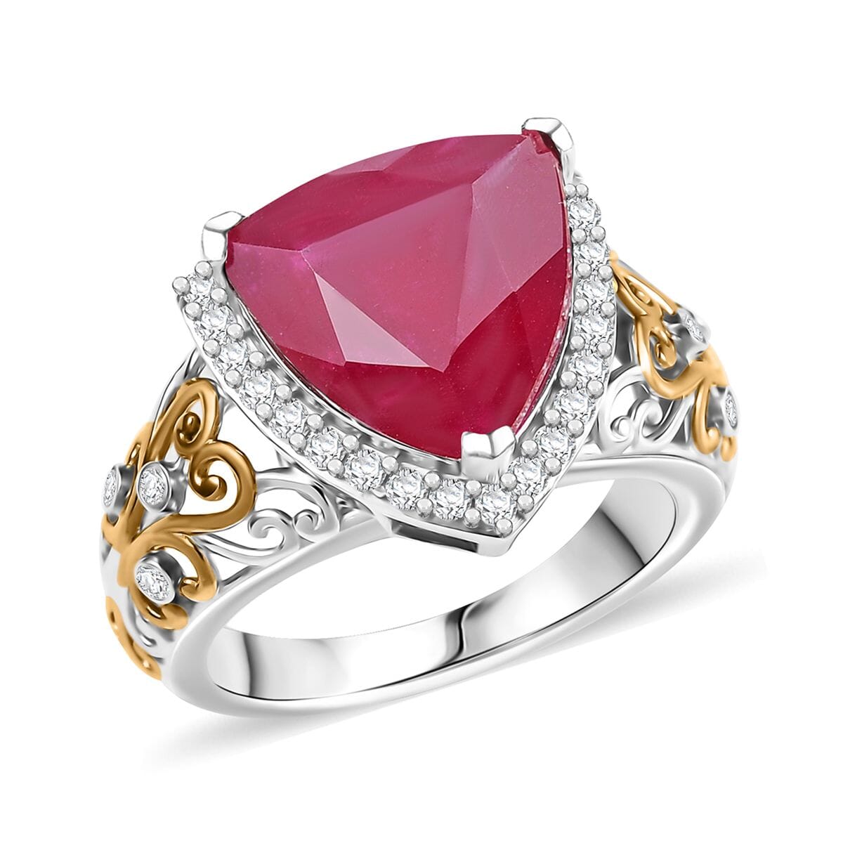 Niassa Ruby (FF) and Moissanite 9.15 ctw Ring in 18K Vermeil YG and Rhodium Over Sterling Silver (Size 9.0) image number 0