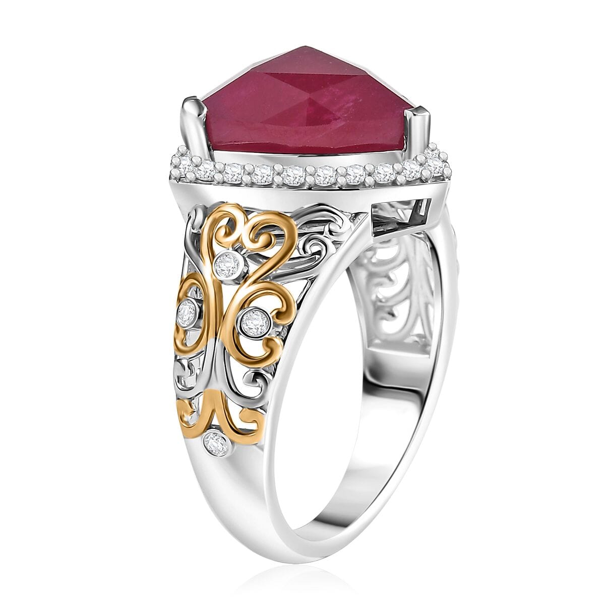 Niassa Ruby (FF) and Moissanite 9.15 ctw Ring in 18K Vermeil YG and Rhodium Over Sterling Silver (Size 9.0) image number 3