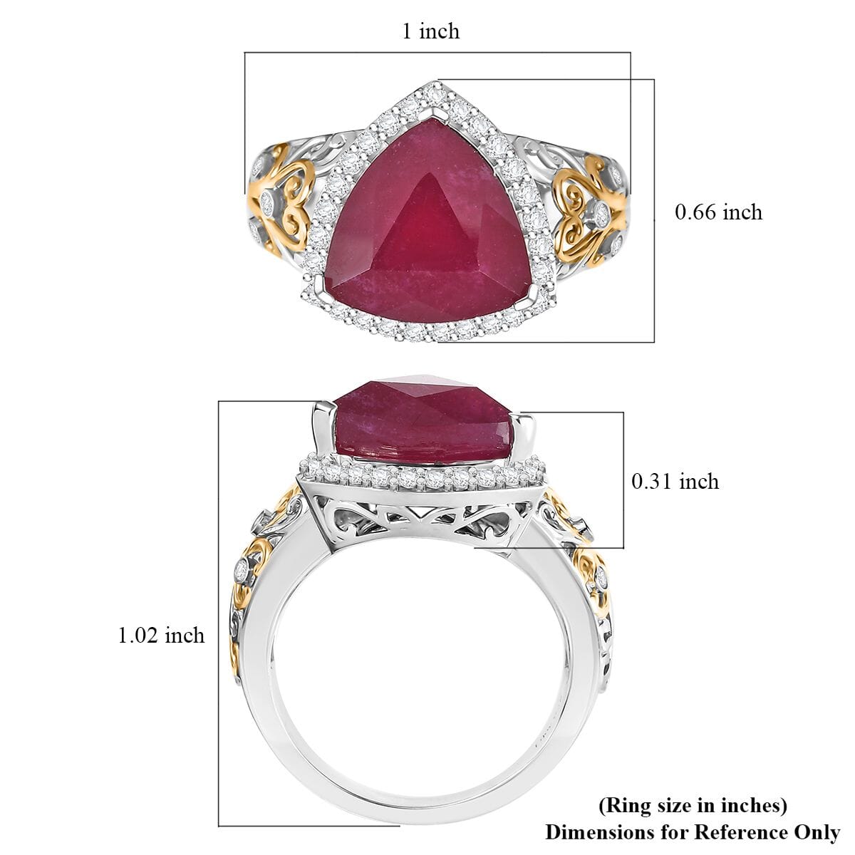 Niassa Ruby (FF) and Moissanite 9.15 ctw Ring in 18K Vermeil YG and Rhodium Over Sterling Silver (Size 9.0) image number 4