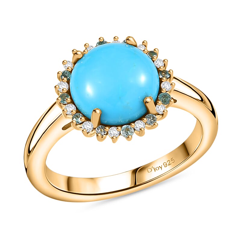 D'Joy Sleeping Beauty Turquoise, AAA Paraiba Tourmaline and Diamond 2.70 ctw Ocean Empress Ring in 18K Vermeil Yellow Gold Over Sterling Silver (Size 10.0)