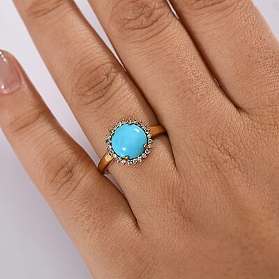 D'Joy Sleeping Beauty Turquoise, AAA Paraiba Tourmaline and Diamond 2.70 ctw Ocean Empress Ring in 18K Vermeil Yellow Gold Over Sterling Silver (Size 10.0)