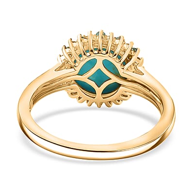 D'Joy Sleeping Beauty Turquoise, AAA Paraiba Tourmaline and Diamond 2.70 ctw Ocean Empress Ring in 18K Vermeil Yellow Gold Over Sterling Silver (Size 10.0)