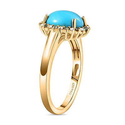 D'Joy Sleeping Beauty Turquoise, AAA Paraiba Tourmaline and Diamond 2.70 ctw Ocean Empress Ring in 18K Vermeil Yellow Gold Over Sterling Silver (Size 10.0)