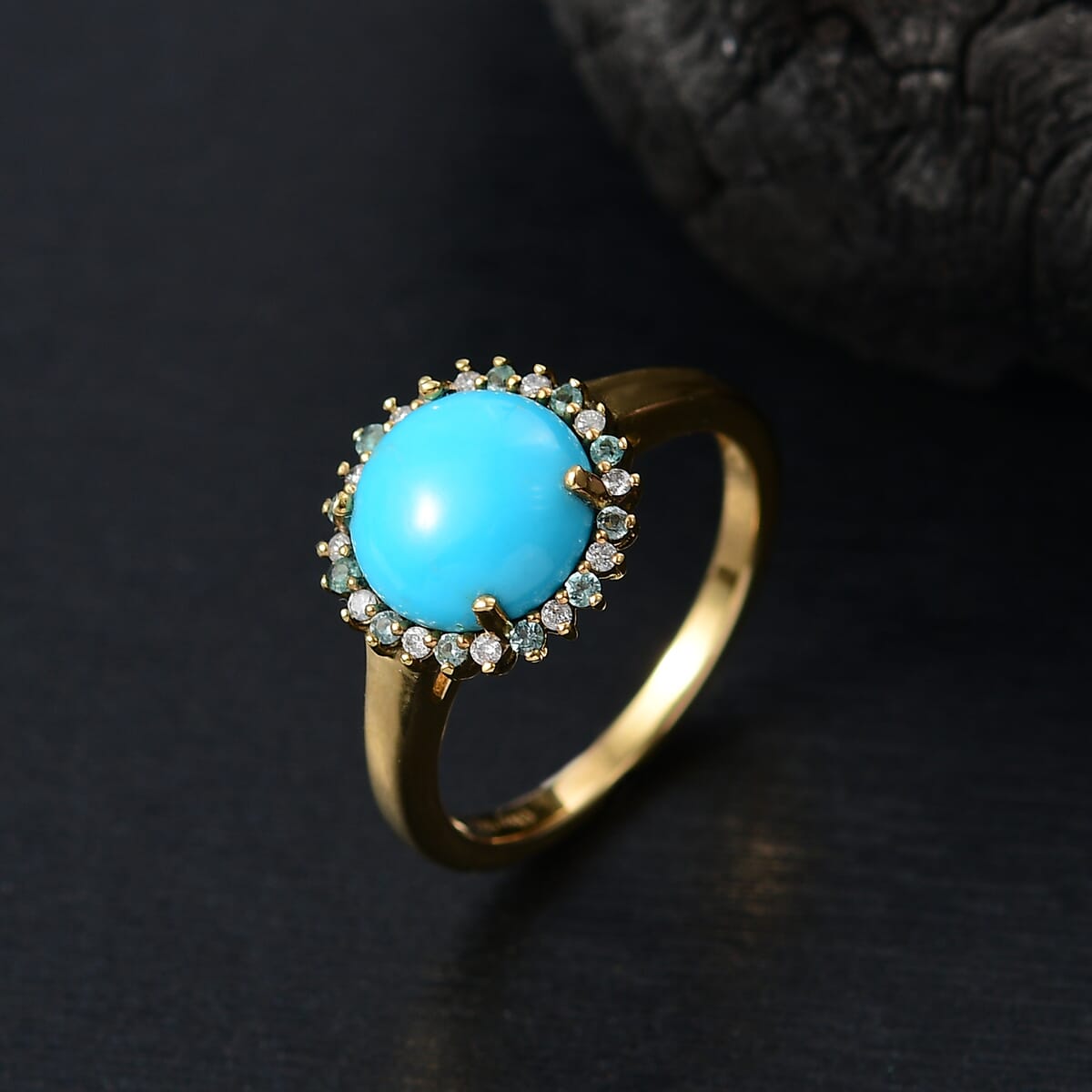 D'Joy Sleeping Beauty Turquoise, AAA Paraiba Tourmaline and Diamond 2.70 ctw Ocean Empress Ring in 18K Vermeil Yellow Gold Over Sterling Silver (Size 7.0) image number 1