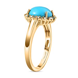 D'Joy Sleeping Beauty Turquoise, AAA Paraiba Tourmaline and Diamond 2.70 ctw Ocean Empress Ring in 18K Vermeil Yellow Gold Over Sterling Silver (Size 7.0)