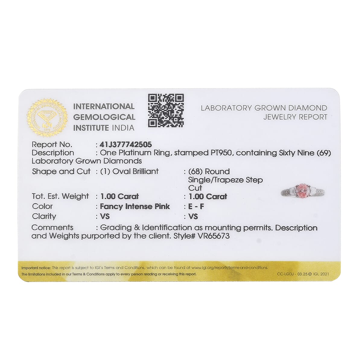 IGI Certified 950 Platinum Luxuriant Lab Grown Pink Diamond (IR) (VS), Lab Grown Diamond Ring (Size 10.0) 2.00 ctw image number 6