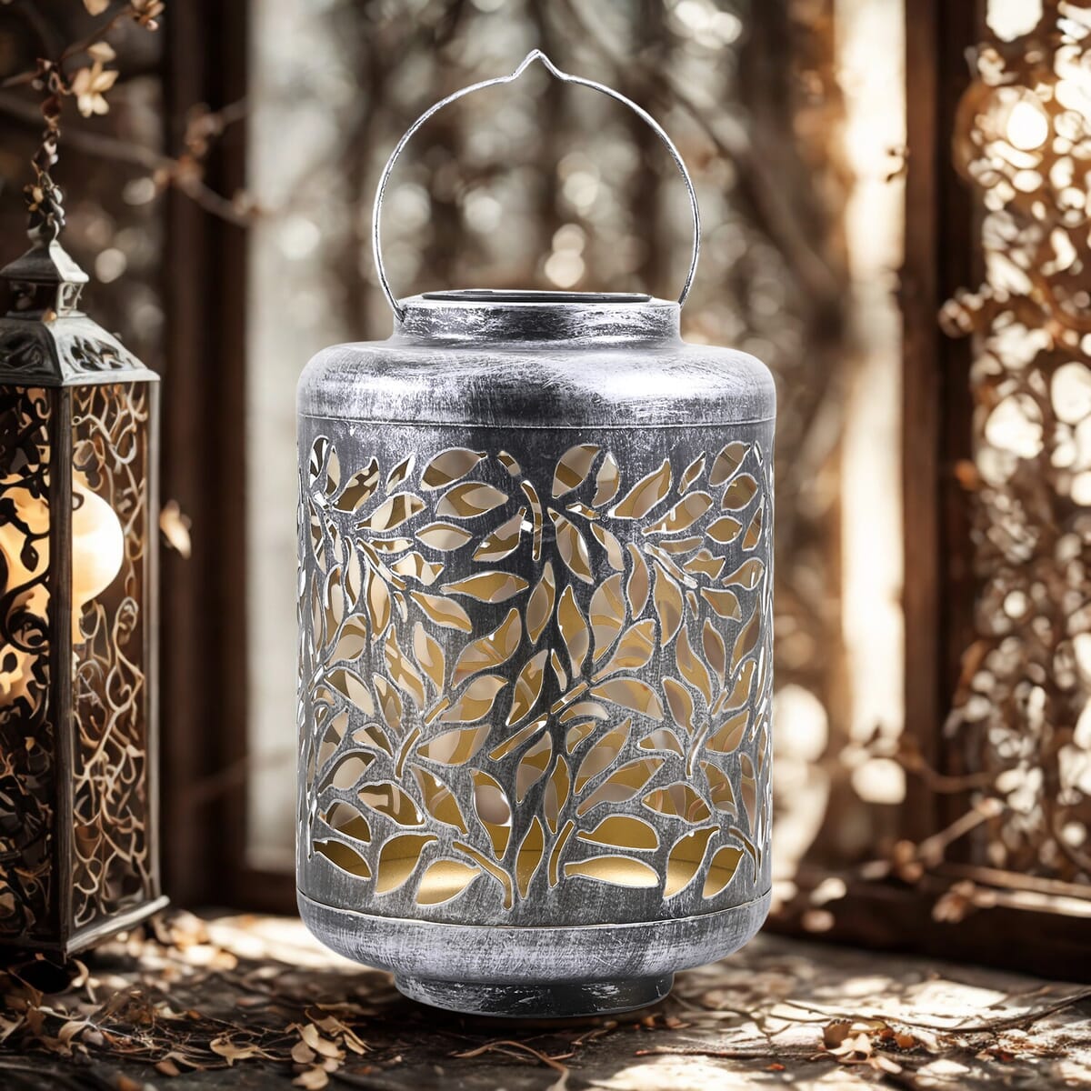 Bliss Set of 2 Color Changing Solar Lantern -Olive Leaf/Brushed Silver (9.25"x13.25") image number 1