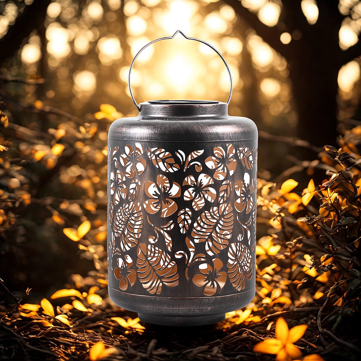 Bliss Color Changing Solar Lantern -Tropical Flower/Brushed Bronze image number 1